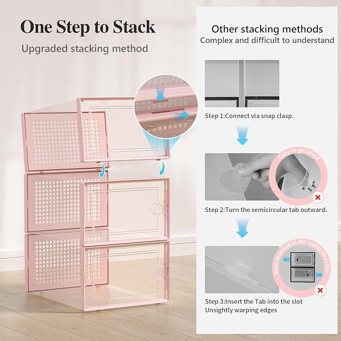 Kuject X-Large Shoe Storage Boxes 12 Pack, Clear Stackable Shoe Organizer | Shoe Case for Closet, Entryway & Under-Bed Storage, Drop-Front Design, Space-Saving Solution for Family Organization,Pink