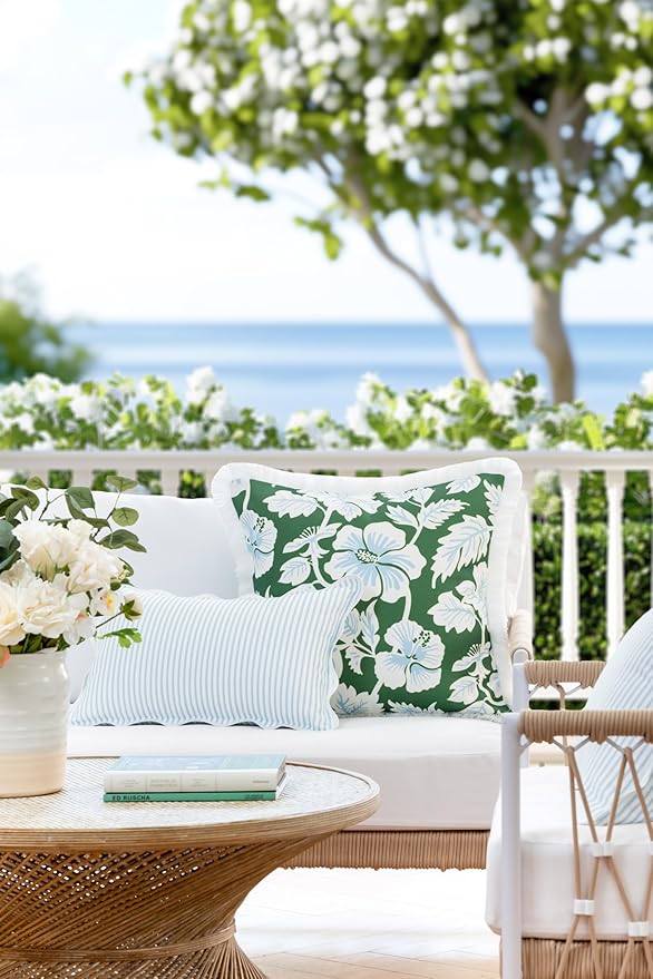 Hofdeco Premium Coastal Patio Indoor Outdoor Scalloped Lumbar Pillow Cover Only, 12"x20" Water Repellent for Backyard, Couch, Baby Blue Print Stripes