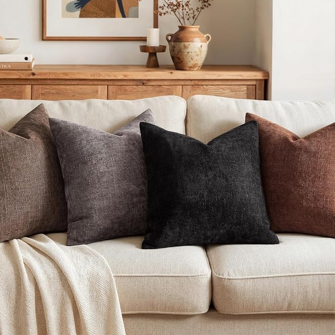 MIULEE 24x24 Inch Euro Textured Chenille Throw Pillow Covers Black | Pack of 2 Decorative Soft Throw Pillows,Solid Textured Cushion Covers,Modern Home Decor for Bed Couch Sofa Bedroom Livingroom