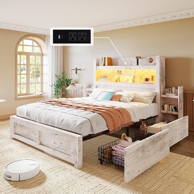 LUXOAK Queen Bed Frame with Storage, Bookcase Headboard, Distressed White | 49.6" Headboard, Wood Platform Bed, Charging Station, Bedside Storage, 4 Storage Drawers, No Box Spring Needed, Farmhouse