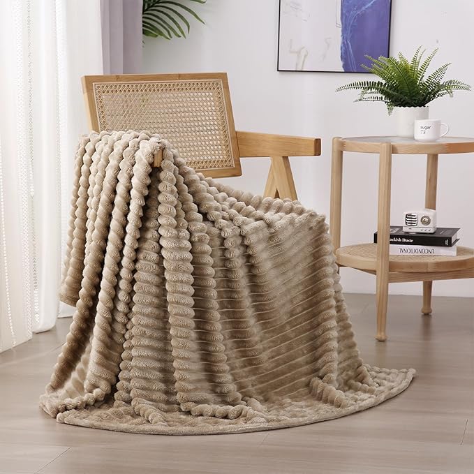 Tan Fleece Throw Blanket 60”×80” for Couch Sofa Livingroom | Super Soft Cozy Plush Microfiber Flannel Bed Blanket Striped Design Lightweight Home Decor Gifts for Adults Mom Women