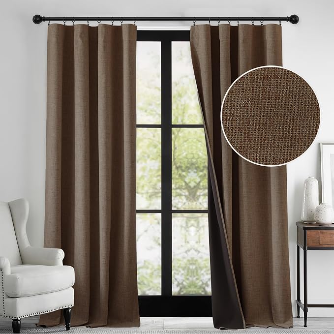 RYB HOME Brown 100% Blackout Curtains 84 Inches Long for Bedroom Nursery | Thermal Insulating Linen Drapes Privacy Energy Saving, for Living Dining Room Window Office Dormitory, W52 x L84, 2 Panels