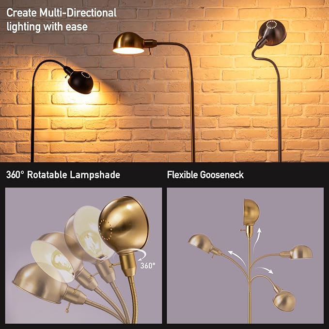 O'Bright Adjustable Floor Lamp with Flexible Gooseneck and Rotatable Shade, E26 Socket, 10-Inch Base - Ideal for Reading, Bedside, Living Room, Brushed Nickel