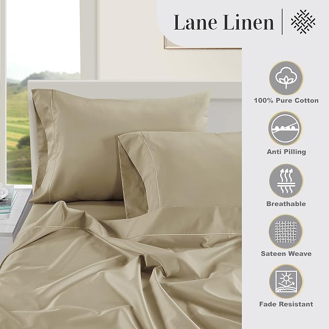 LANE LINEN 100% Egyptian Cotton Bed Sheets King Size – 16 Inch Extra Deep Pocket, Naturally Cooling, No-Pill, Fade-Resistant Cotton Sheets King – Sandbar