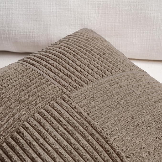 Fancy Homi Set of 2, Light Brown Patchwork Corduroy Decorative Soft Striped Modern Accent Cushion Case Farmhouse Boho Neutral Throw Pillow Covers for Chair Couch Bed Sofa Living Room 18x18 Inch
