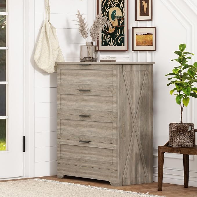 Farmhouse 4 Drawer Dresser for Bedroom, Tall Bedroom Dresser, Rustic Gray | Changing Table Dresser with Large Drawer, Wooden Storage Organizer Cabinet Chest of Drawer for Closet, Living Room, Hallway