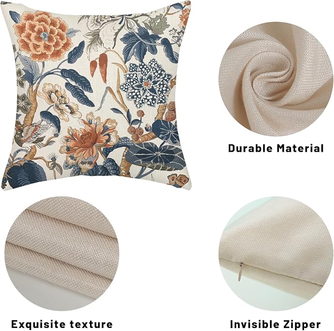 Navy Blue Orange Boho Pillow Covers 18x18 Inch 2 Pcs Chinoiserie Blue Floral Bird Decor Throw Pillows Vintage Flower Seasonal Outdoor Farmhouse Pillowcase Linen Cushion Cover for Couch Sofa