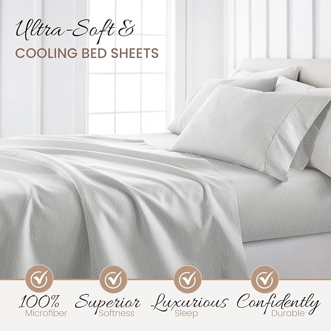 Linen Market Double-Brushed Patterned Microfiber California King Sheet Set 4 Piece – Oeko-TEX Certified Ultra Soft & Wrinkle-Free - 16" Deep Pocket Sheets Easy Care Cal-King Size - Honeycomb Gray