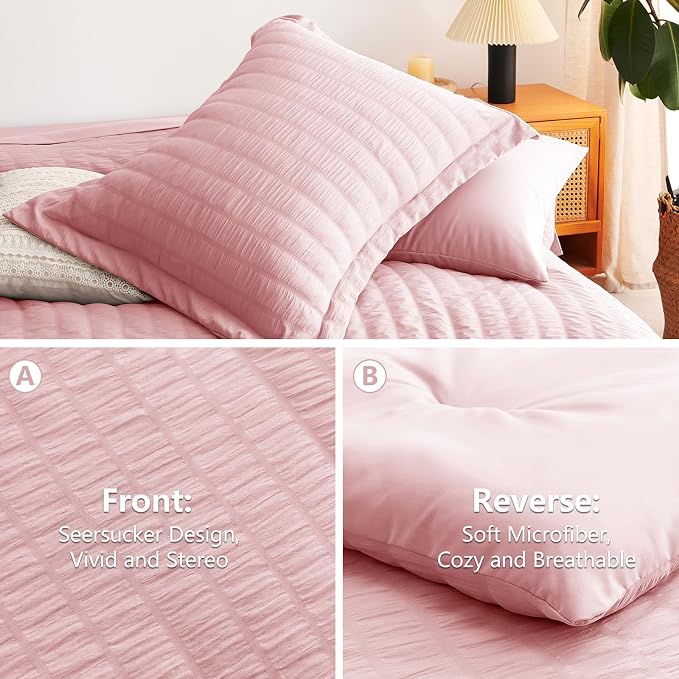Queen Comforter Set, 7 Pieces Pink Seersucker Bed in a Bag | OEKO-TEX Certified, All Season Bedding Set with 240 GSM Down Alternative Comforter, Flat & Fitted Sheets, Pillowcases & Shams