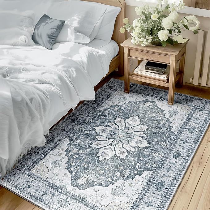 RELEANY Washable Area Rug, 3'x5', Grey/White/Beige | Non-Slip, Water Repellent, Pet Friendly, Easy to Clean, Vintage Floral Boho Decor for Living Room Bedroom Beside Kitchen