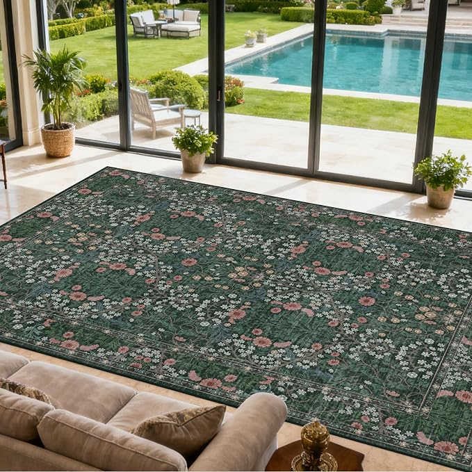Extra Large 10x14 Area Rug for Living Room, Washable Rugs for Dining Room, Bedroom, Non Slip Stain Resistant Carpet, Low Pile Vintage Floral Rug (Green)