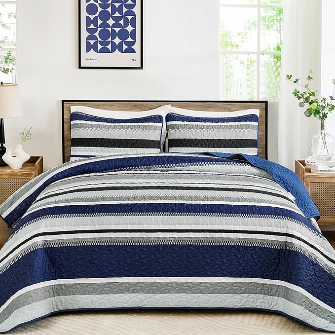 WONGS BEDDING Full Striped Quilt Set, Navy Blue Lightweight Bedspread | Lightweight Microfiber Coverlet, Breathable All-Season, Machine Washable, 3-Piece Set 90"x78", Great for Men Boys Dorm Room