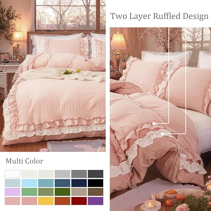 Bedorm Ruffle Duvet Cover King Coquette Bedding Ultra Soft Breathable Shabby Chic Bedding Pink Ruffled Duvet Cover Set Cute Comforter Cover
