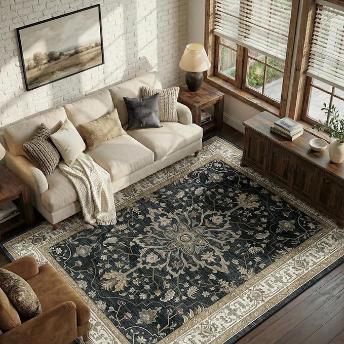 RELEANY Washable Area Rug, 5'x7', Black/Vintage/Beige | Non-Slip, Water Repellent, Pet Friendly, Easy to Clean, Vintage Floral Boho Decor for Living Room Bedroom Dining Room Office