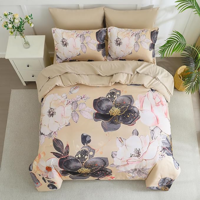 Yogeneg Queen Comforter Set 7 Piece Bed in a Bag,White Black Floral Botanical Pattern Khaki Bedding Set,Soft Microfiber Comforter with Sheet Set,All Season Bed Set(Khaki,Queen)