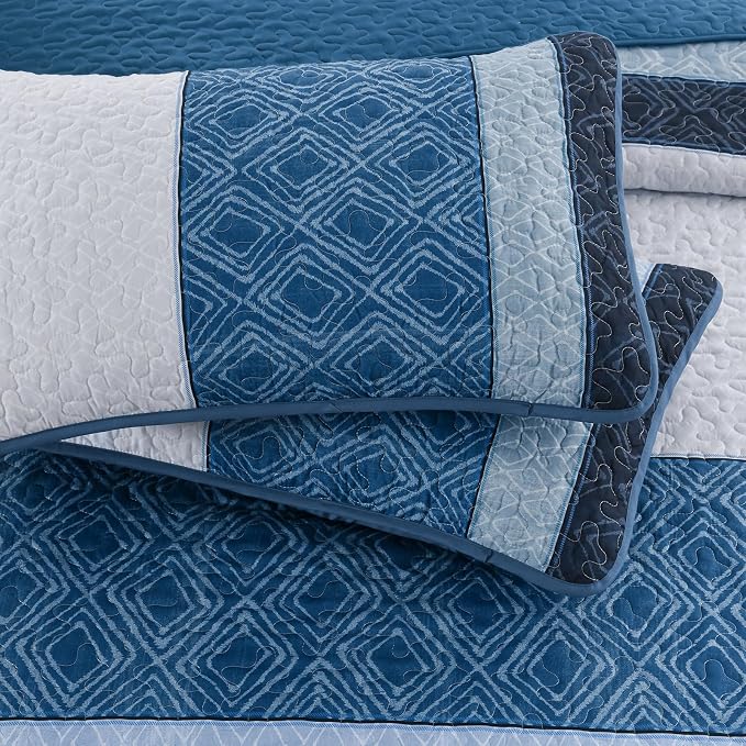 Cottolester Navy Blue California King Quilt Set,Striped Plaid Bedspread | Ultra Soft Lightweight Coverlets Set with 2 Pillowshams for Men Women,Microfiber Quilt Bedding Sets for All Seasons 110"x96"