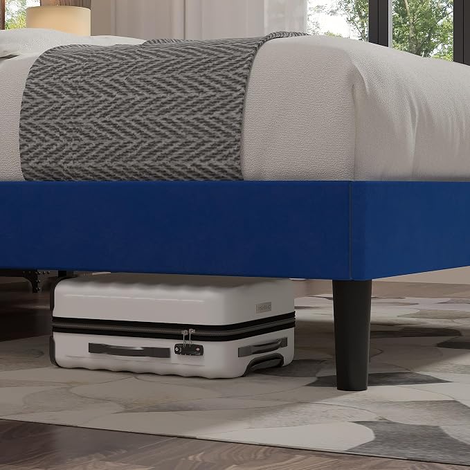 VECELO Queen Size Bed Frame with Upholstered Headboard, Velvet Platform Bedframe Mattress Foundation, Strong Wood Slat Support, No Box Spring Needed,Blue