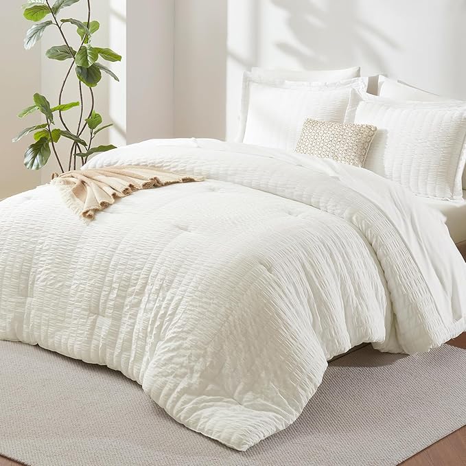 Queen Comforter Set, 7 Pieces Ivory Seersucker Bed in a Bag | OEKO-TEX Certified, All Season Bedding Set with 240 GSM Down Alternative Comforter, Flat & Fitted Sheets, Pillowcases & Shams