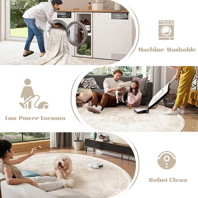 Round Rugs 6ft Washable Rug, Vintage Boho Medallion Rugs Non-Slip Soft Low Pile Circle Distressed Rug Indoor Retro Carpet for Living Room Bedroom Dining Room Home Office (Beige, 6' Round)