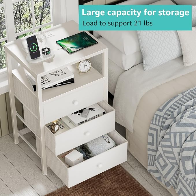 BOLUO White Night Stand with 3 Fabric Drawers, Nightstand with Charging Station LED Nightstand for Bedroom, Bedside Table with USB Ports and Outlets Modern