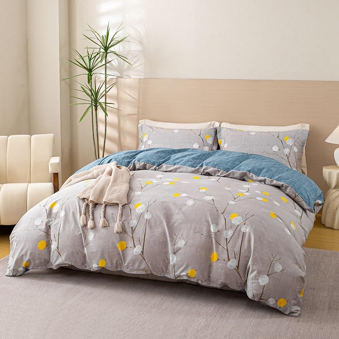 OAITE King Duvet Cover Set 3pcs 100% Cotton with Grey Abstract Branch | Soft, Breathable,Long-lasting,Comfort,Dual Zipper,8 Corner Ties,Easy Care for All Season