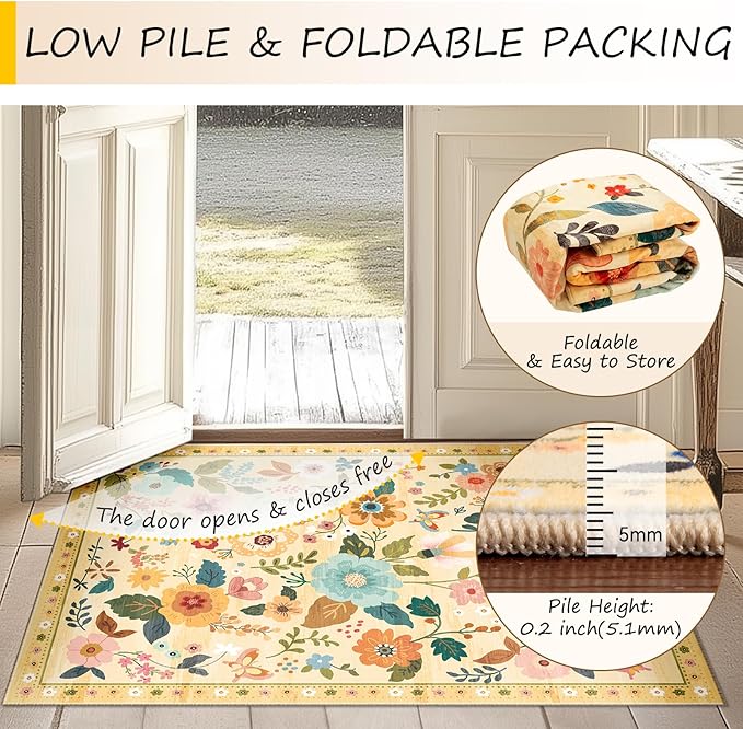RELEANY Floral Washable 2x3 Area Rugs Doormat Yellow/Orange | Flower Carpet, Print, Boho, Non-Slip, Easy to Clean, Soft, Low Pile for Living Room Bedroom Kitchen Office Entryway Hallway