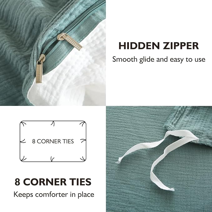 EMME Cotton Muslin Duvet Cover Set King Size Linen Like Soft Breathable Lightweight Summer Comforter Cover Set with Zipper Closure (Teal&White, King, 104"x90")