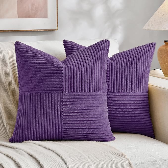 Fancy Homi 2 Packs Purple Samll Decorative Throw Pillow Covers 14x14 Inch with for Couch Bed Sofa, Rustic Farmhouse Boho Home Decor, Soft Corss Patchwork Corduroy Square Cushion Case 35x35 cm