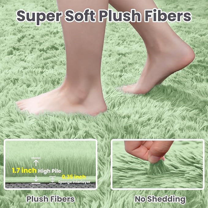 5x7 Fluffy Shag Area Rugs for Living Room Bedroom: Soft Carpet Mint Green | Upgraded Non-Slip Thick Memory Foam, Ultra Soft, Non-Shedding Fuzzy Carpet, Easy Clean Decor for Kids Room, Nursery, Playroom