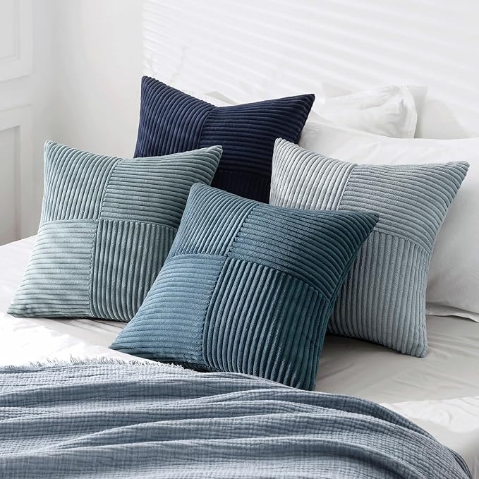 MIULEE Dusty Blue Navy Farmhouse Throw Pillow Covers 18x18 Inch Set of 4 Boho Patchwork Gradient Cushion Cases Western Modern Pillow Cases Corduroy Home Decor for Couch Sofa Living Room Bed