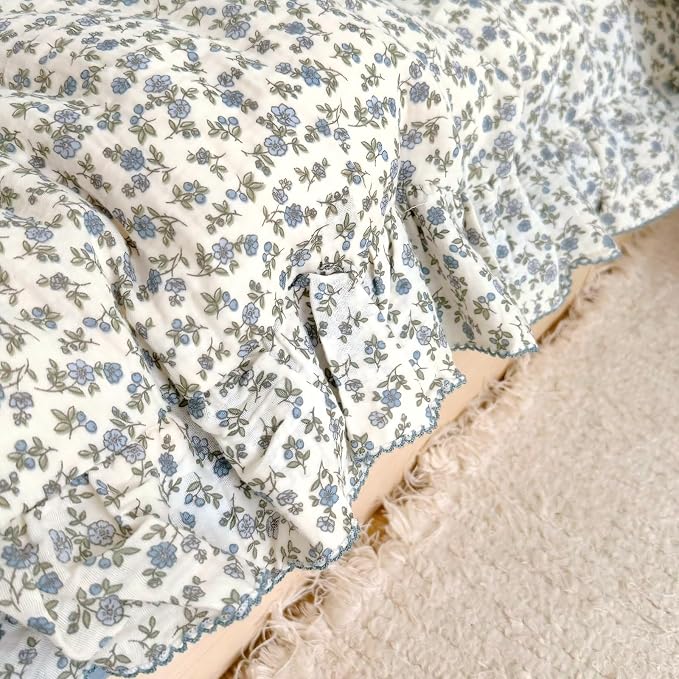 Blue Floral Toddler Kids Duvet Cover for Girls Boys 100% Cotton Muslin Quilt Cover for Toddler Bed Vintage Flower Design Duvet Cover with Ruffles, 47"x59", Pillow Case Not Included