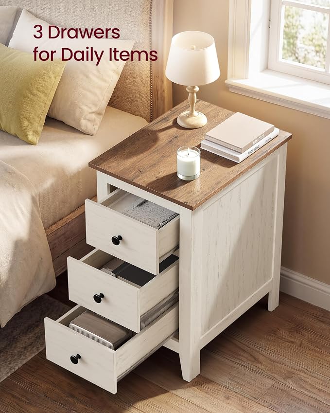 VASAGLE LIRY Collection-Farmhouse Nightstand with 3 Drawers, Slim Side End Table with Storage, Narrow Bedside Table for Bedroom, Office, Cloud White and Warm Brown, ULET132W101S
