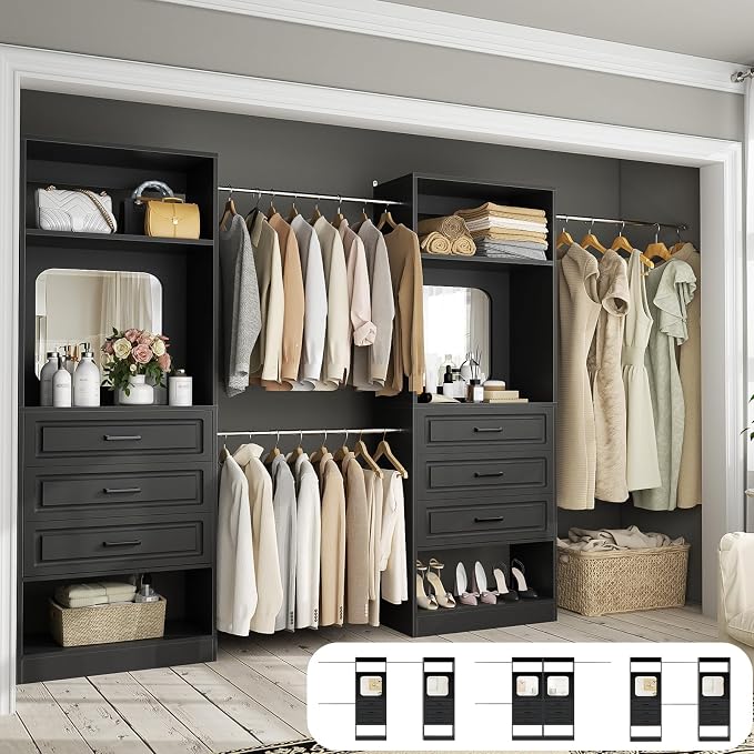 Unikito 6-14FT Wood Closet System with 6 Drawers and Mirror, Black | Sturdy walk-in organizer wardrobe for clothing, clothes rack with 3 hanging rods, freestanding garment storage tower.