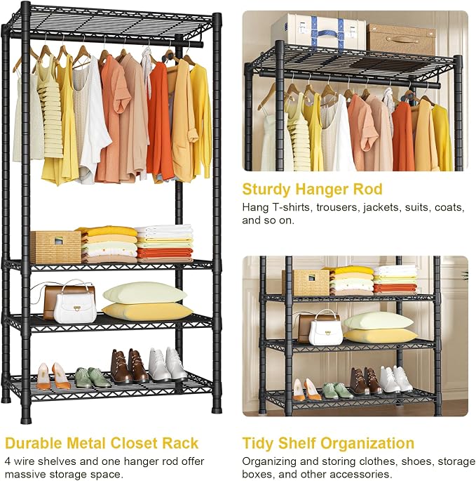 Ulif H2 Heavy Duty Clothes Rack, Freestanding 4 Tiers Garment Rack for Hanging Clothes with Shelves and Hangers, Closet Organizers and Storage Metal Closet Wardrobe System, Max Load 500 LBS, Black | Metal Closet System for Hanging Clothes with Shelves ...