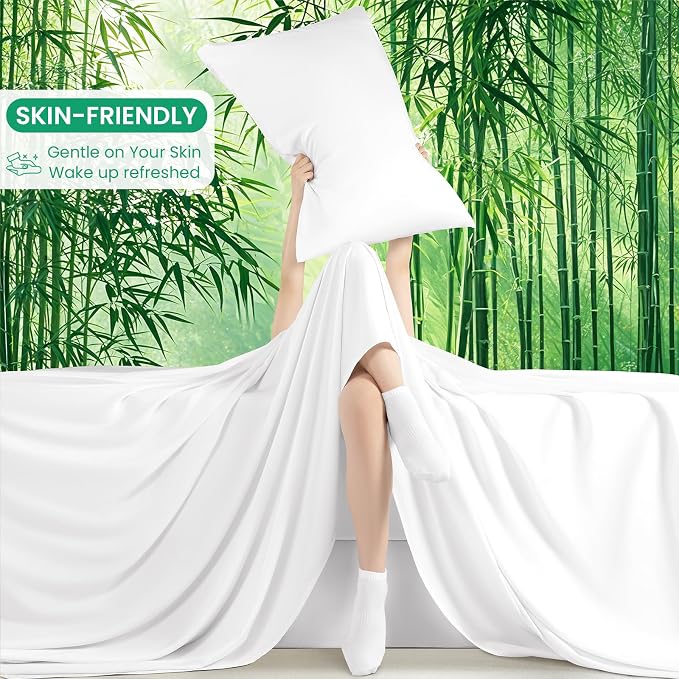 SONORO KATE 100% Viscose Derived from Bamboo_Sheets Cal King Size,4PC | Cooling Bed Sheets for Hot Sleepers,Soft Breathable & Silky,16" Deep Pocket,Luxury Hotel Bedding,White