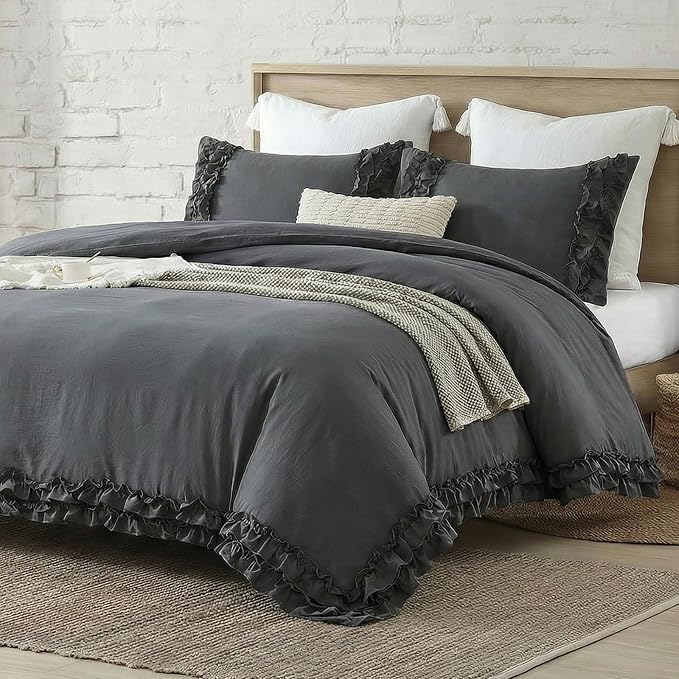 Dark Grey Ruffled Duvet Cover Queen Boho Bedding Set Gary Ruffle Fringe Shabby Chic Bedding Super Soft Cozy Farmhouse Duvet Cover Set for All Season