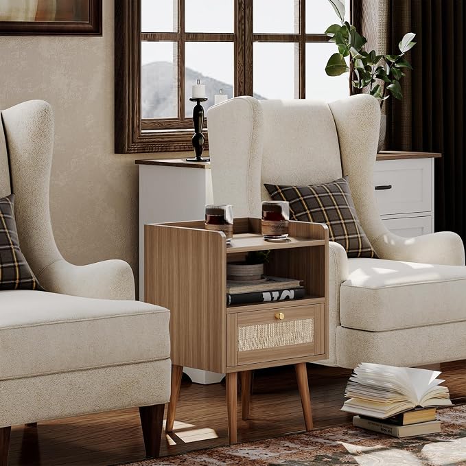 MECHYIN Night Stand Set 2, Nightstands Set of 2 with Charging Station, Rattan Side Tables with Solid Wood Legs, Boho Bedside End Table for Apartment Bedroom Dorm Small Space