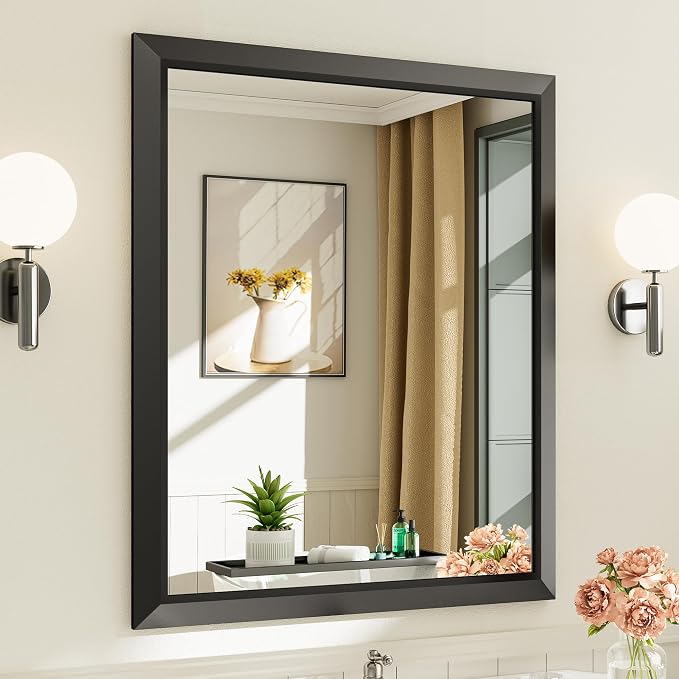 Black Metal Framed Bathroom Wall Mirror, 36x30 Inch | Anti-rust, HD tempered glass, for bathroom vanity, bedroom, living room, horizontal or vertical mount