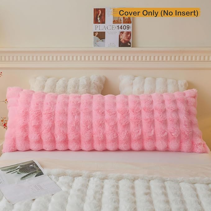 LIFEREVO Fluffy Faux Rabbit Fur Body Pillow Cover 20"x54", Pink | Soft Bubble Shaggy Bed Pillowcase with Zipper Closure, Long Plush Furry Pillow Case for Bedroom Pregnant Women Side Sleeper