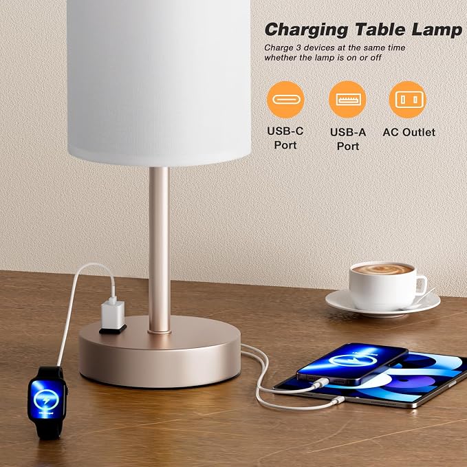 Antique White Bedside Table Lamp for Bedroom - 3 Way Dimmable Touch Lamp USB C Charging Ports and AC Outlet, Small Lamp Gold Base Round Flaxen Fabric Shade for Living Room, Desk
