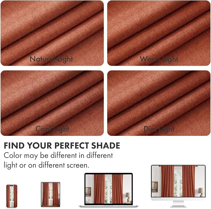 MIULEE Fall 100% Blackout Linen Curtains for Bedroom 40W x 108L Terracotta | 2 Panels, 108 inches Long, Thermal Insulated, Room Darkening, Black Out Drapes for Living Room, Back Tab Rod Pocket