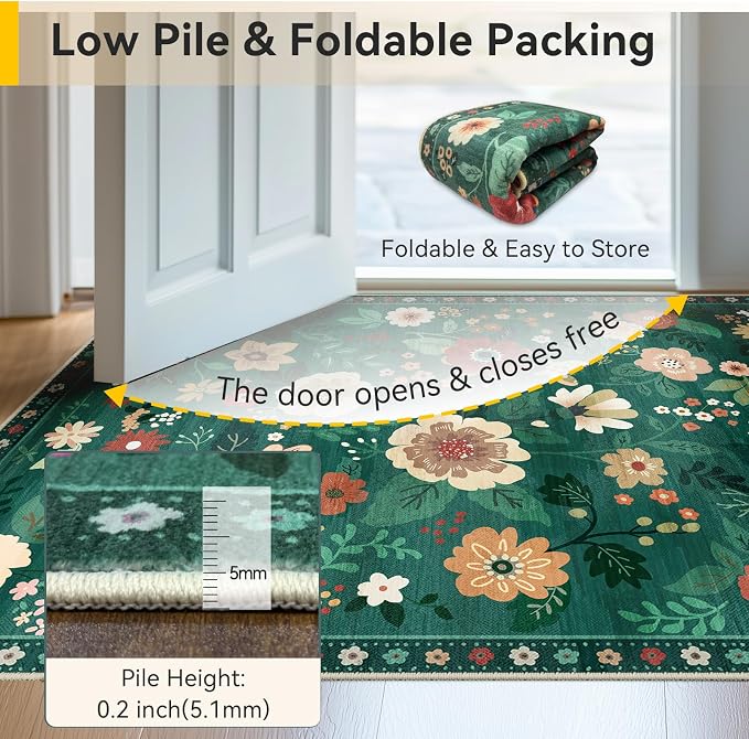 RELEANY Floral Washable 6x9 Area Rugs DarkGreen | Flower Carpet, Print, Boho, Non-Slip, Easy to Clean, Soft, Low Pile for Living Room Bedroom Kitchen Office Entryway Hallway