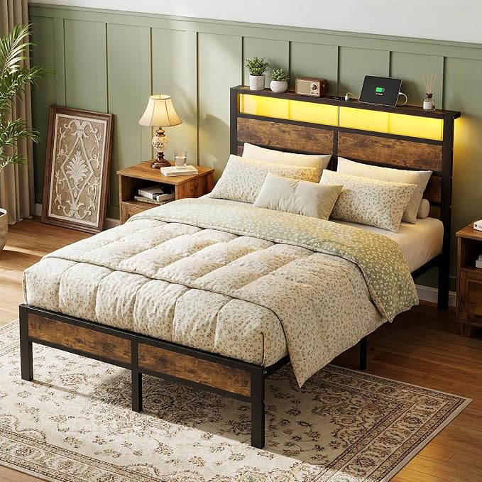 Full Size Metal Bed Frame with Storage Headboard, LED Lights | USB Charging Station , Brown Metal Platform Bed, Sturdy Slats, No Box Spring Needed, Easy Assembly, Noise Free