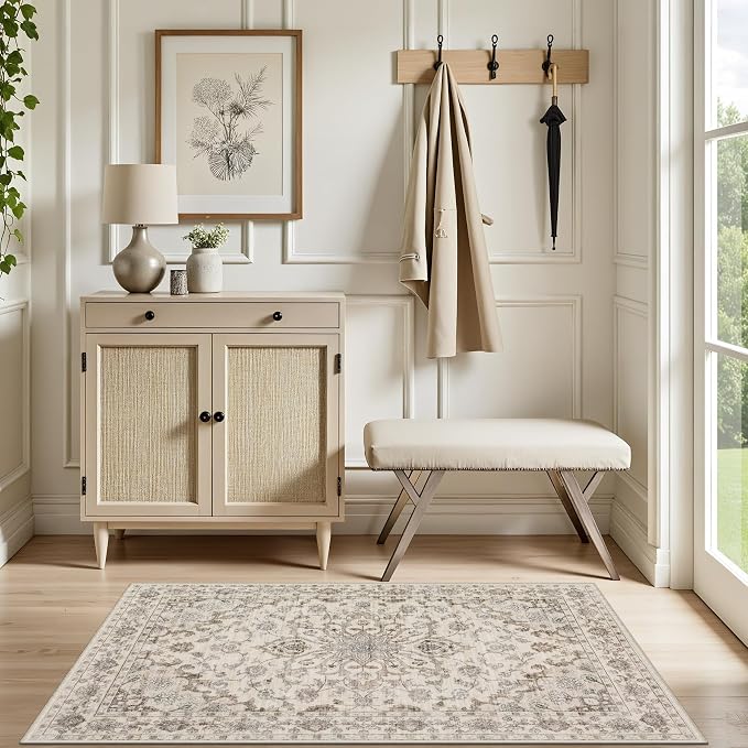2x3 Area Rugs Living Room: Washable Rug for Bedroom Brown Beige | Boho No Slip Stain Resistant Rug Soft Indoor Decor Floor Floral 2x3 Area Rugs for Dining Room, Nursery, Hallway, Home Office