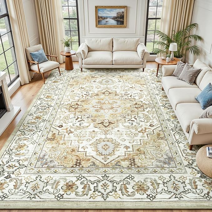 8 x 10 Area Rugs for Living Room, Washable Bedroom Large Rug, Beige | Boho Low Pile Rug for Dining Room, Floral Medallion Vintage Carpets with Non-Slip Backing, Kids Pet Friendly, Fit All Vacuums