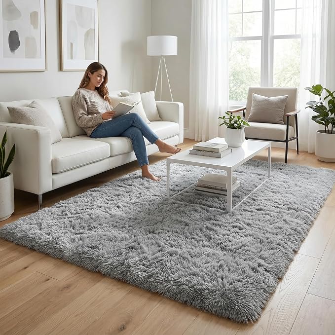 Soft Modern Indoor Large Shaggy Rug for Bedroom Livingroom Dorm Kids Room Home Decorative, Non-Slip Plush Fluffy Furry Fur Area Rugs Comfy Nursery Accent Floor Carpet 5 X 8 Feet, Grey