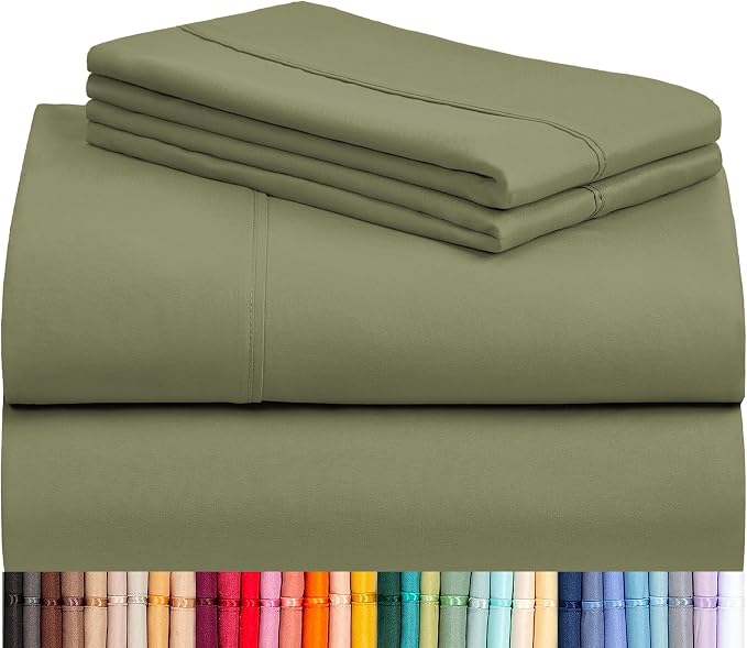 LuxClub 4 PC Full Sheet Set, Deep Pockets Wrinkle Free Cooling Bed Sheets Hotel Bedding for Women, Men, Kids & Teens, Includes 1 Fitted Sheet, 1 Flat Sheet and 2 Pillowcases-Soft Olive | LuxClub Silky Fitted Sheet & Pillowcase Sets, Breathable Hotel Lu...