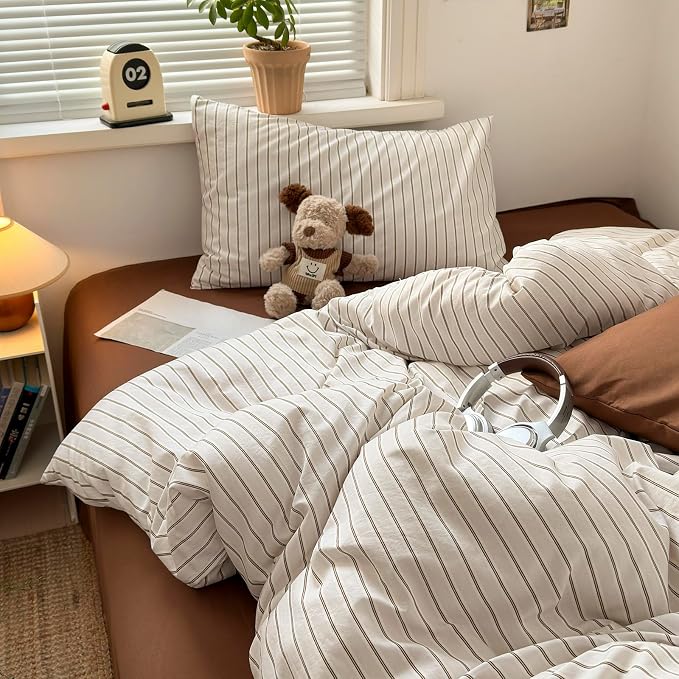 mixinni Vintage Striped Duvet Cover Set Full Size, 3 Piece Premium Washed Microfiber Minimalist Beige Brown Stripes Bedding, Neutral Comforter Cover with Hidden Zipper & Corner Ties for Men Women