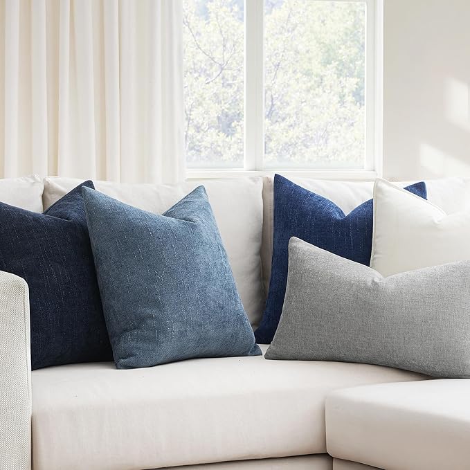 MIULEE Textured Chenille Throw Pillow Covers 18x18 Inch Dark Blue | Pack of 2 Decorative Soft Throw Pillows, Solid Textured Cushion Covers, Modern Home Decor for Couch Sofa Bedroom Living Room