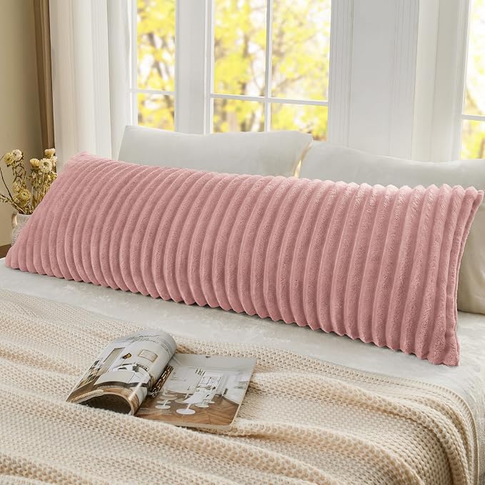 BEDELITE Fluffy Striped Body Pillow Cover with Zipper, Dusty Pink, 20x54 | Ultra-soft Faux Fur with 11D Striped Texture, Comfy, Plush, and Cloud-like, Body Pillow Pillowcase for Bed Couch Room Decor